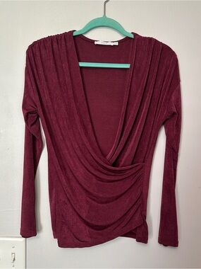 Lush Deep Wine Draped V-Neck Long Sleeve Top
